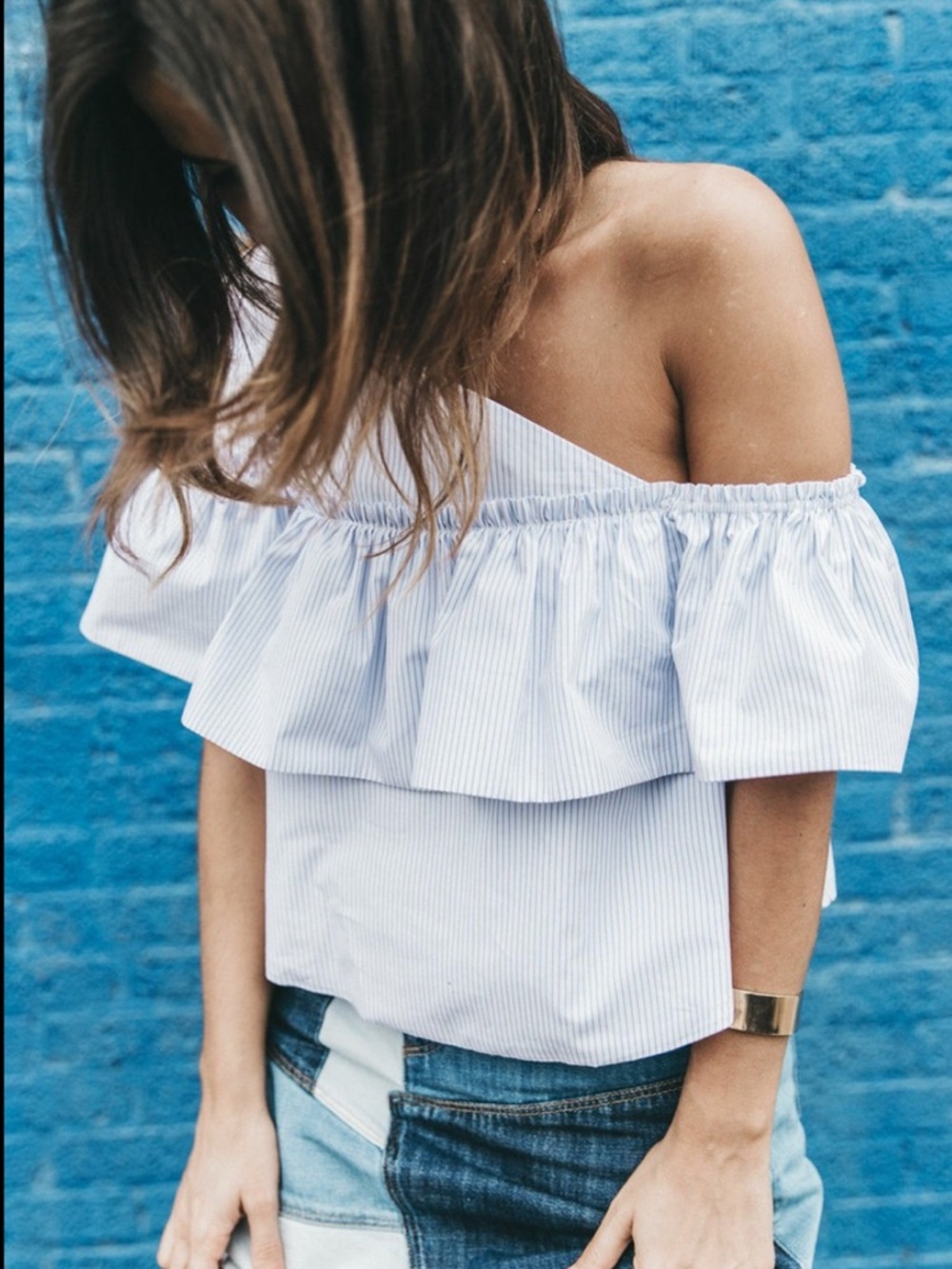 Blue & White Striped Off Shoulder Ruffle Top Asymmetrical Coastal Preppy Blouse